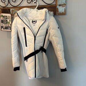 Michael Kors White Puffer Coat with Black Accents and Belt